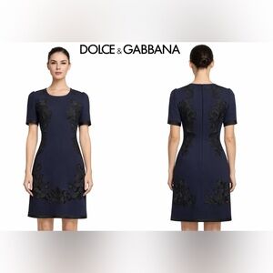 Dolce & Gabbana Exclusive Navy Dress with Black Floral Embroidery, US10